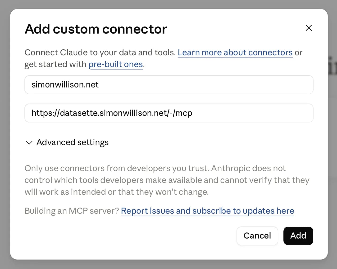 Developer configuring a stateless MCP server connection in Claude's custom connector dialog, selecting protocol…