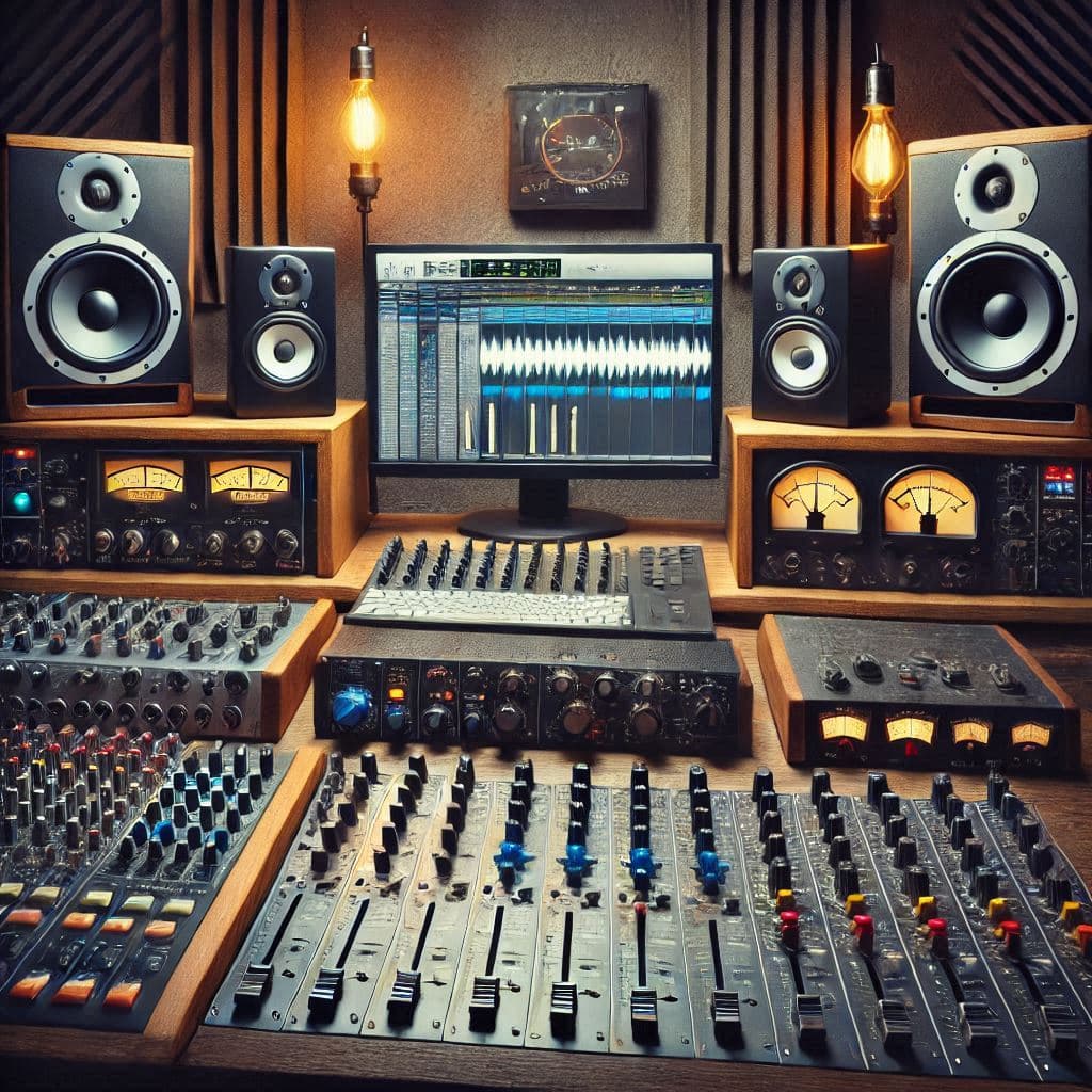 Audio engineer adjusts studio mixer with multiple sample rate settings visible on computer monitor