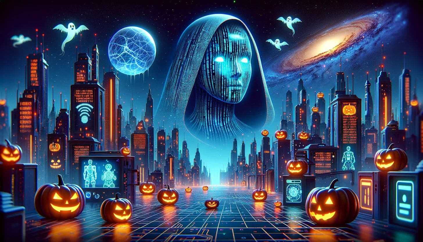 A person with a concerned expression sits before a glowing computer screen displaying lines of code and a warning…