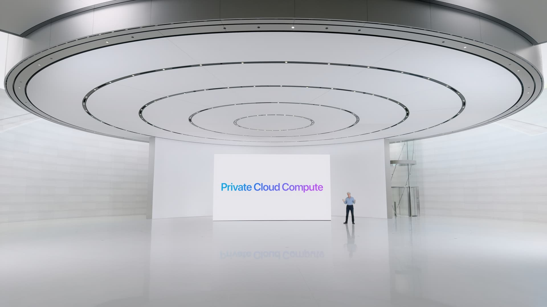 A diagram shows Apple's Private Cloud Compute architecture with a cluster of four M2 Ultra chips, highlighting…