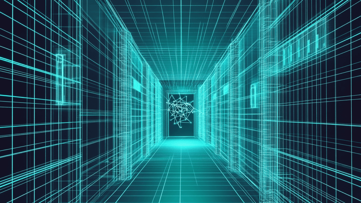 AI agent interface on a laptop screen showing lines of code and a blockchain network diagram, with a hacker…