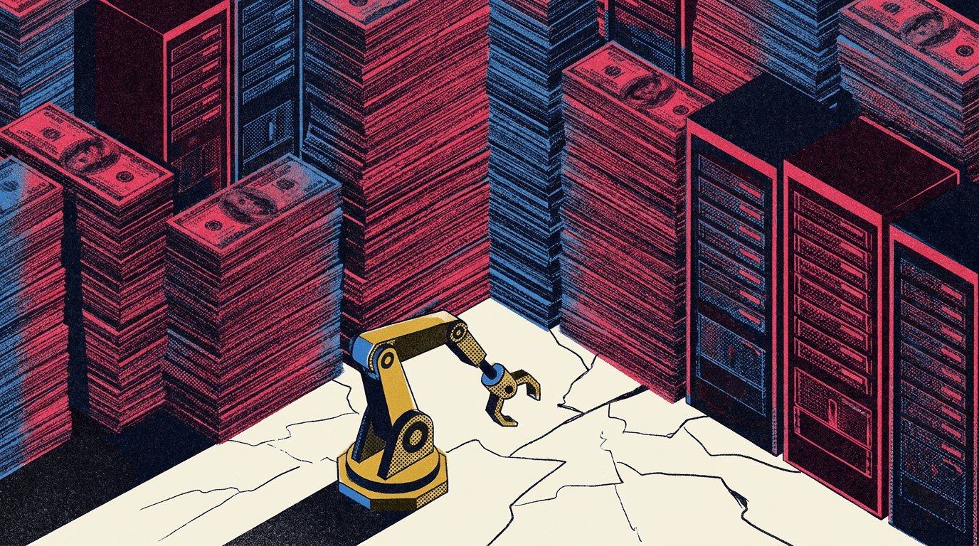 AI robot arm hesitating before a pile of money and server racks, illustrating financial AI model fine-tuning