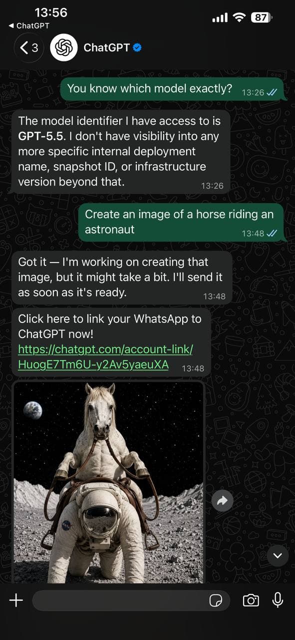 Smartphone screen showing ChatGPT chat interface inside WhatsApp with a welcome message for European users