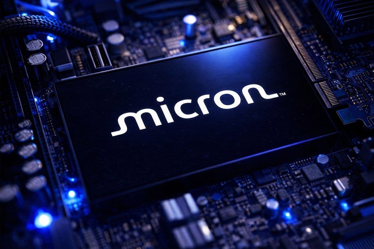 Micron CEO Sanjay Mehrotra smiles on stage at a tech conference, with a glowing HBM4 memory module displayed behind…