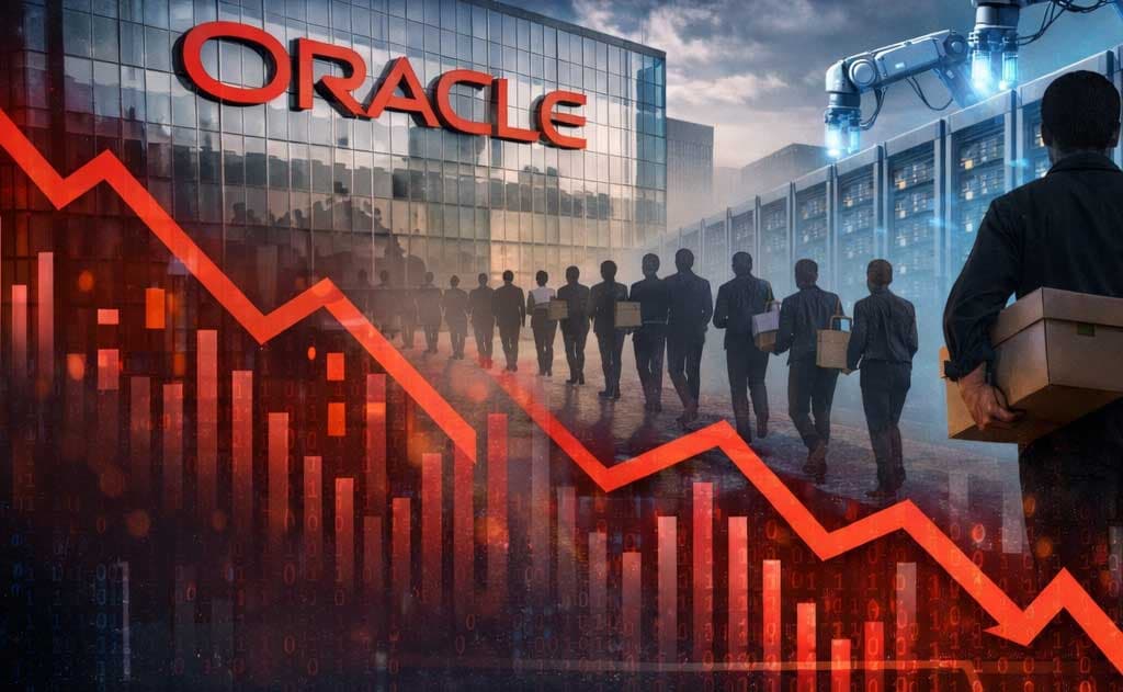 Oracle executive speaking at a conference, with a data center server room visible behind, charts on a screen showing…