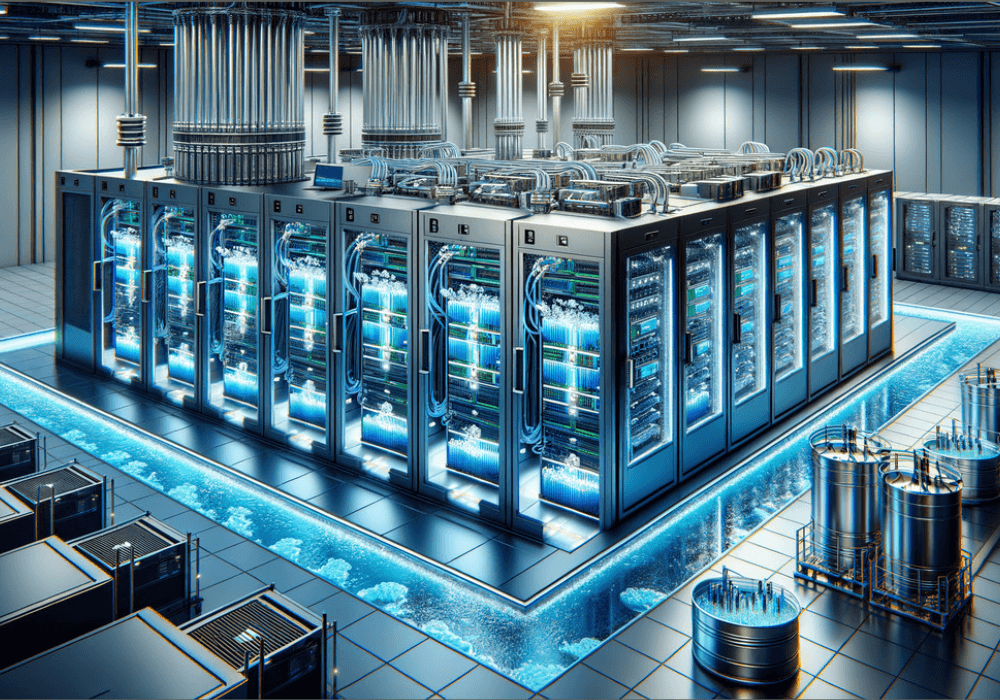 Two engineers in white lab coats inspect a server submerged in clear cooling liquid inside a glass tank at a modern…
