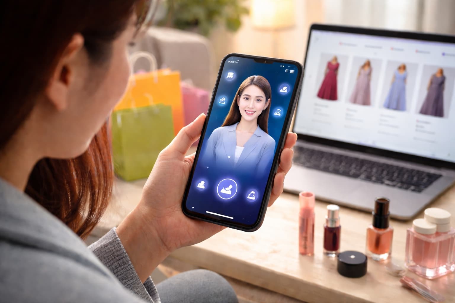 A smartphone screen displays an AI shopping assistant interface with product recommendations, while a user taps to…