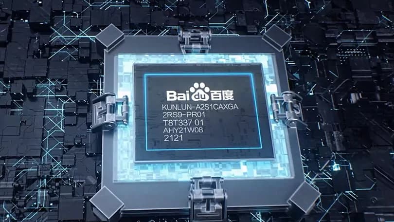 Kunluncore AI chip on a circuit board beside a GPU cluster rack, highlighting the company's 32K GPU milestone for…