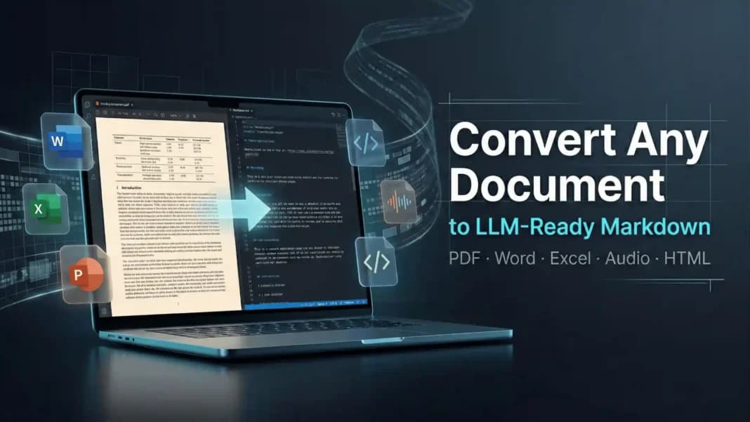A laptop screen shows a Python script converting a PDF file icon and a YouTube link into clean Markdown text, with…