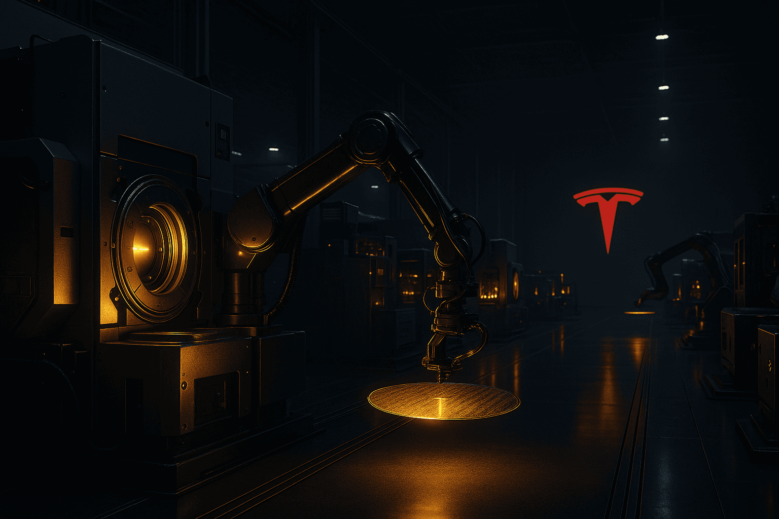 Intel, SpaceX, xAI, and Tesla logos hover above a futuristic silicon wafer fabrication facility, symbolizing a joint…
