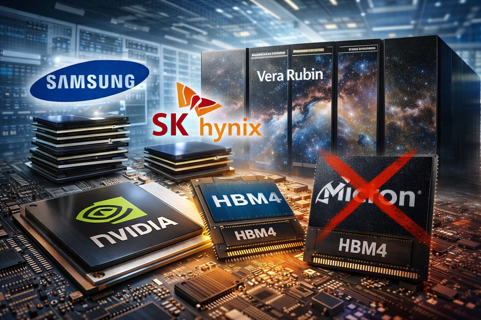 Three memory chip stacks labeled HBM4 on a circuit board near an Nvidia Vera Rubin GPU, with logos for SK Hynix…