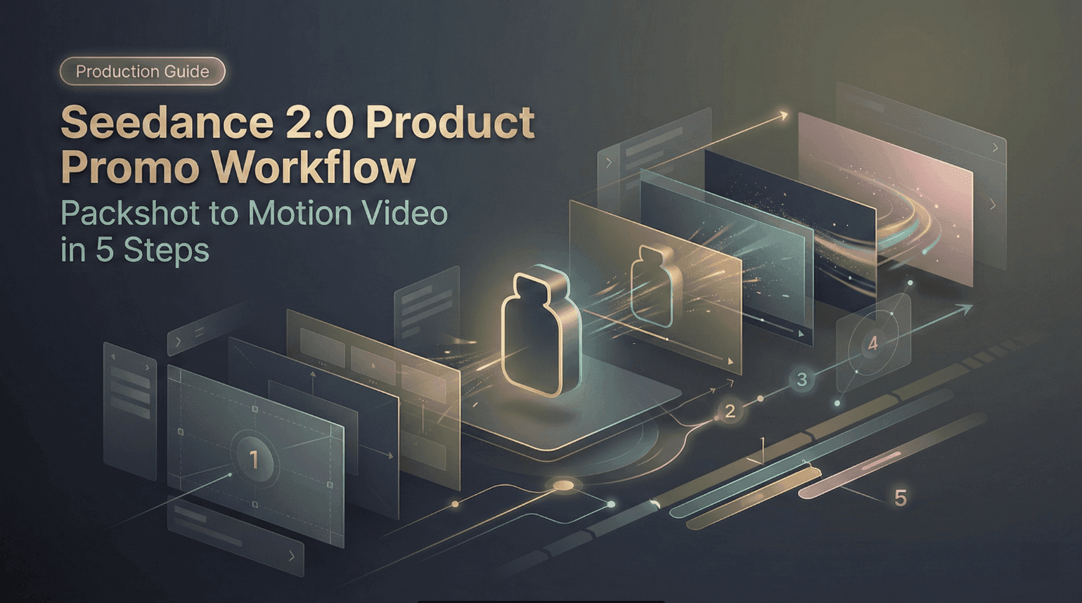 A sleek creative software interface showing a 3D motion control panel, video timeline, and reference thumbnails…