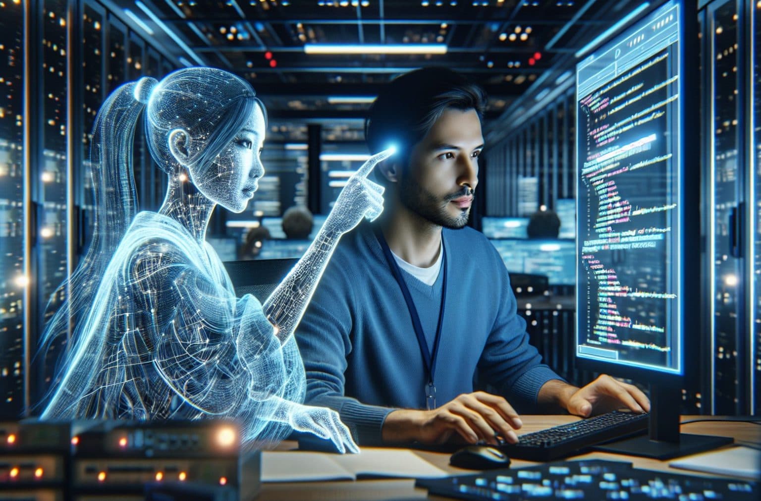 A person coding on a laptop with AI-themed graphics and code overlays in the background, representing AI research…