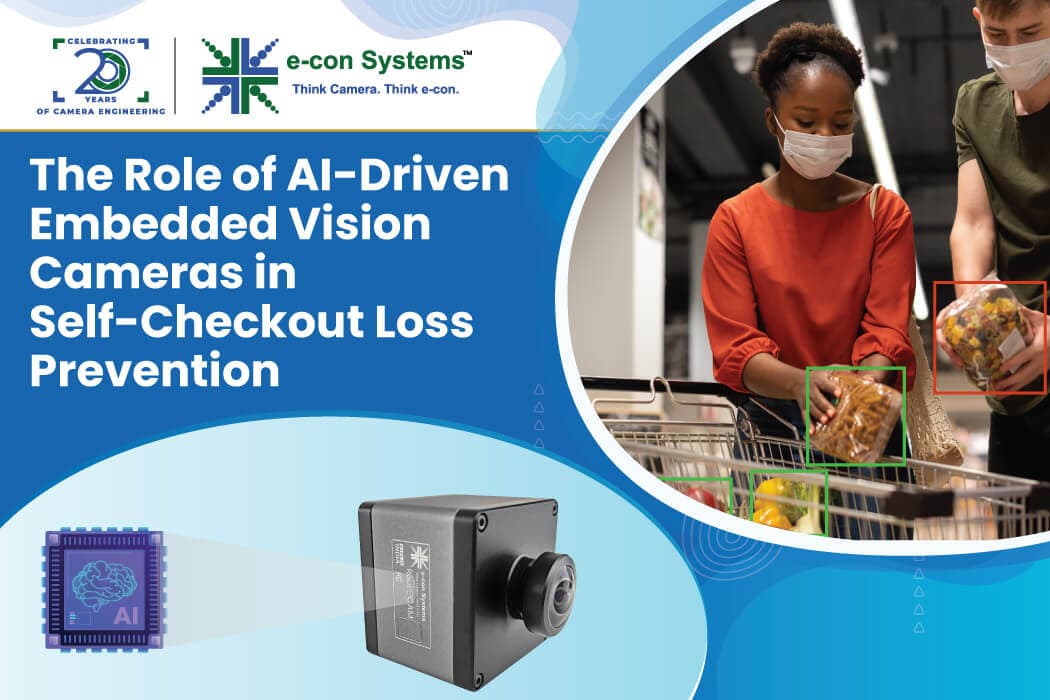 AI-powered cameras monitor a self-checkout kiosk in a retail store, with a shopper scanning items while the system…
