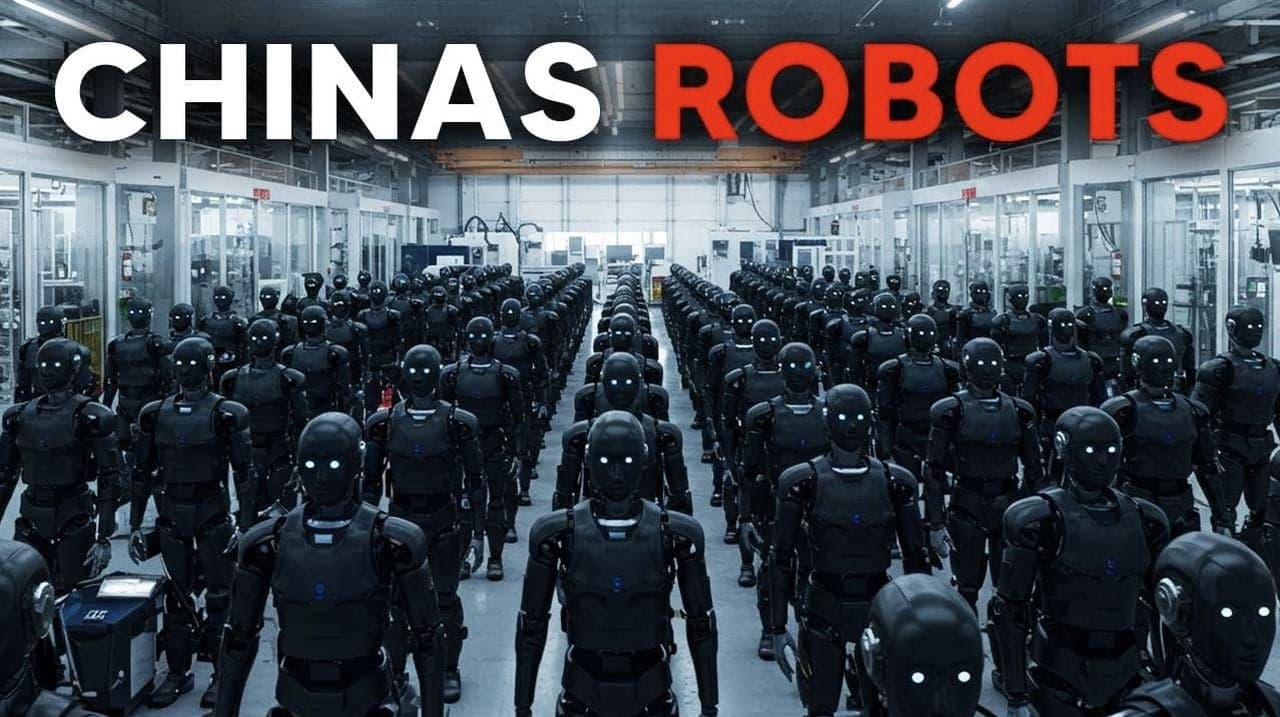 A cavernous Chinese AI training lab filled with rows of humming server racks and robotic arms, with a few…