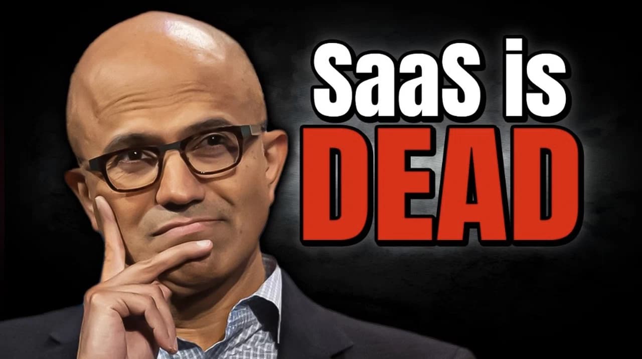 Microsoft CEO Satya Nadella speaking at a tech event, gesturing toward a digital display showing AI agent diagrams…
