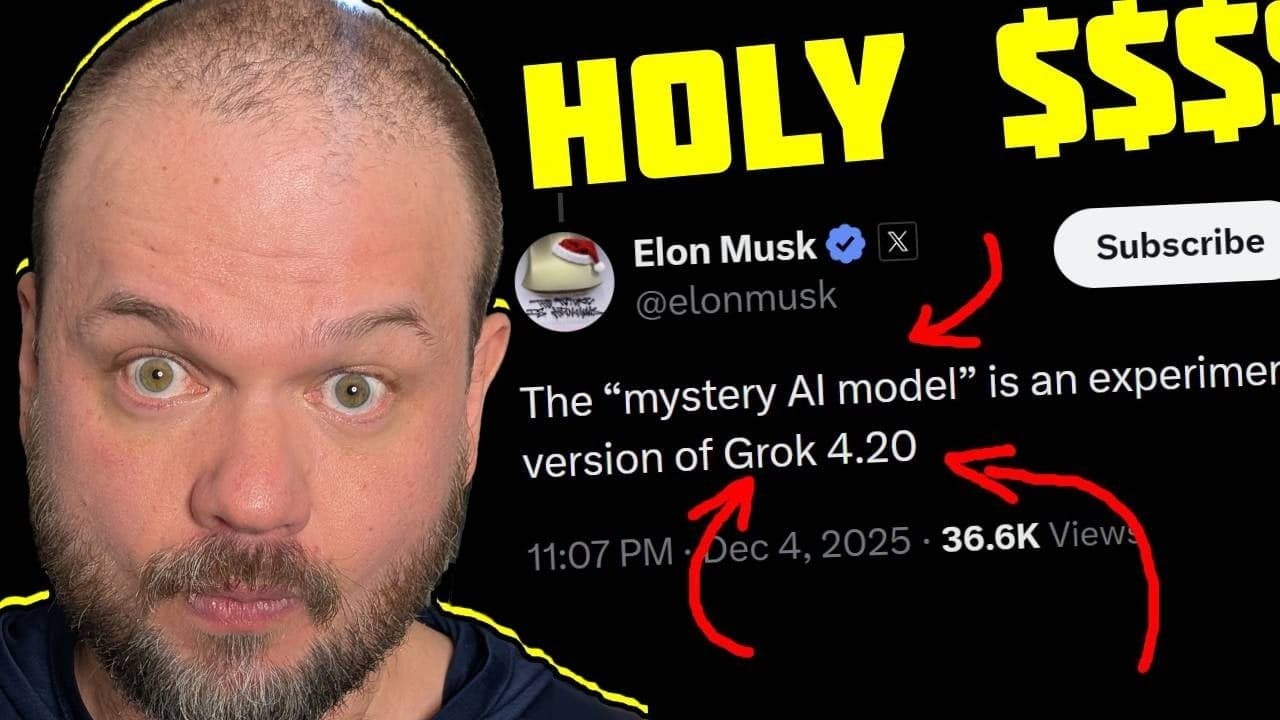 Elon Musk stands beside a futuristic AI interface dashboard displaying Grok 4.20 performance metrics and trading…
