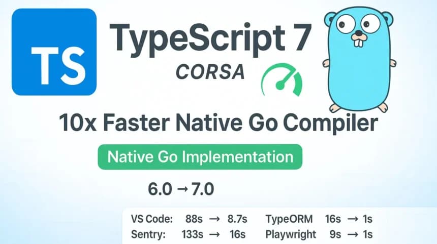 Developer terminal window showing code editor with TypeScript 7 server migration commands and plugin configuration…