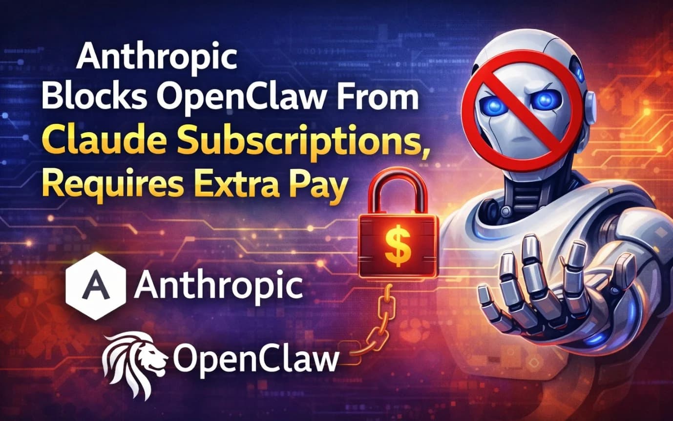 Anthropic logo next to a blocked license symbol, with a Claude AI chat interface showing a red error message denying…