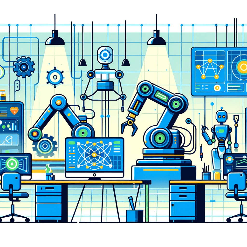 Robotic arms and computers in a modern lab setting, with Google's RT-X and RT-2 models displayed on screens…