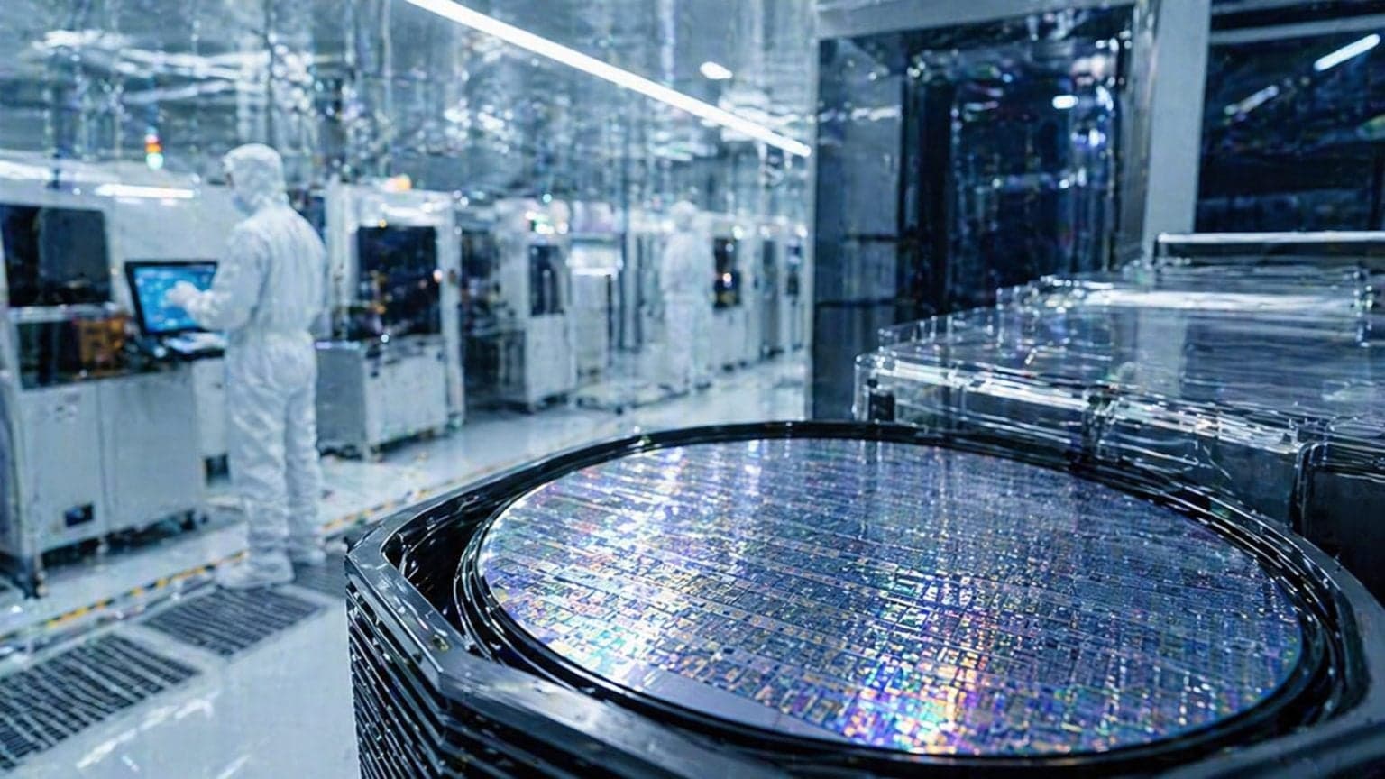 A lab technician holds a silicon wafer with tiny chip patterns under bright lighting at IEDM, with IBM researchers…