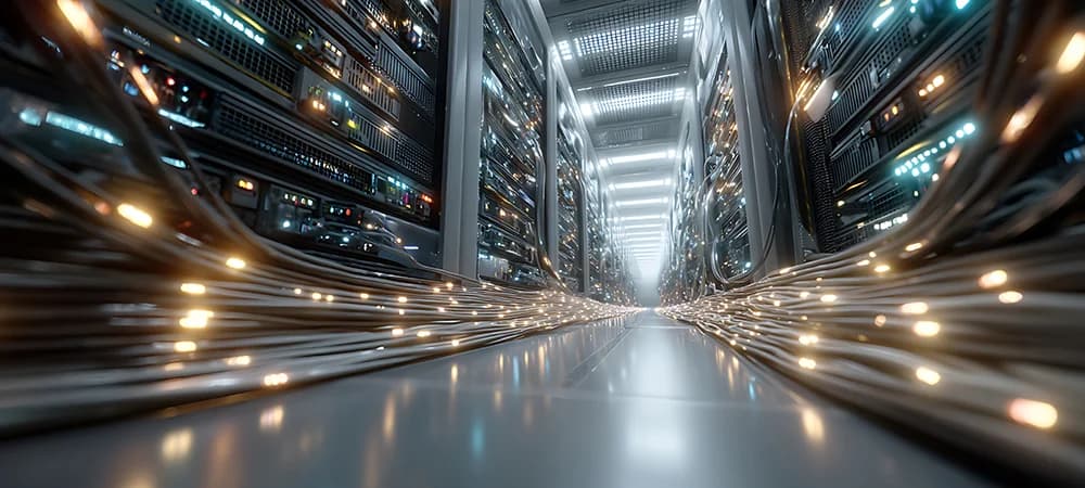 A vast data center interior with rows of server racks illuminated by blue and green LED lights, cables overhead, and…