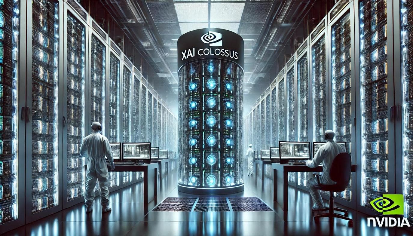 Massive data center with rows of server racks, blue LED lights, and cooling pipes, representing Google's Colossus 1…
