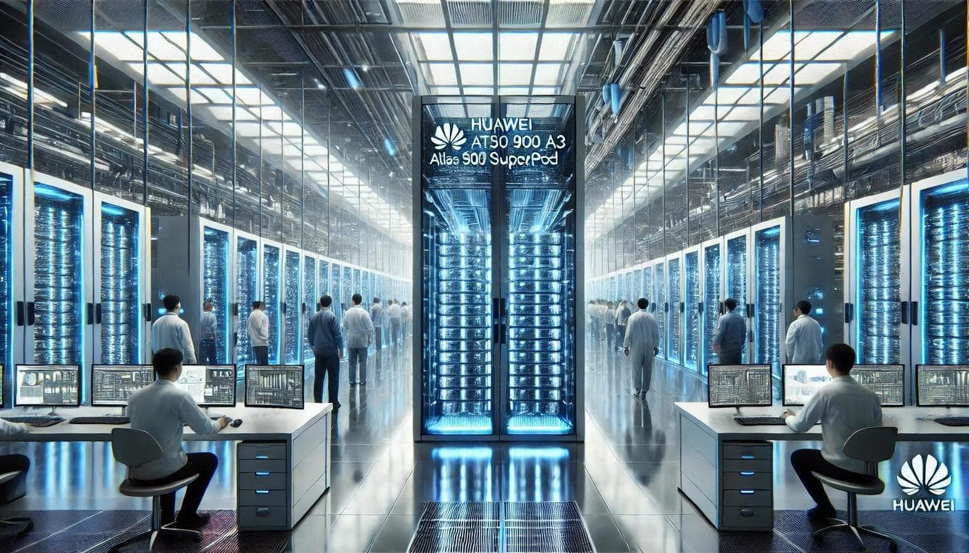 Huawei Ascend SuperPOD server racks in a data center, with blue LED lights on the hardware and cables connecting the…