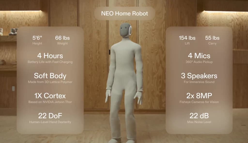 A lightweight humanoid robot standing in a modern indoor venue, gesturing toward a small group of onlookers, with a…