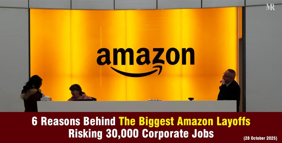 Layoff statistics chart showing Amazon cutting 30,000 jobs, Meta planning 15,000 layoffs, and Block reducing…
