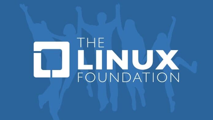 Anthropic logo next to Linux Foundation logo on a blue background with abstract network lines connecting them…