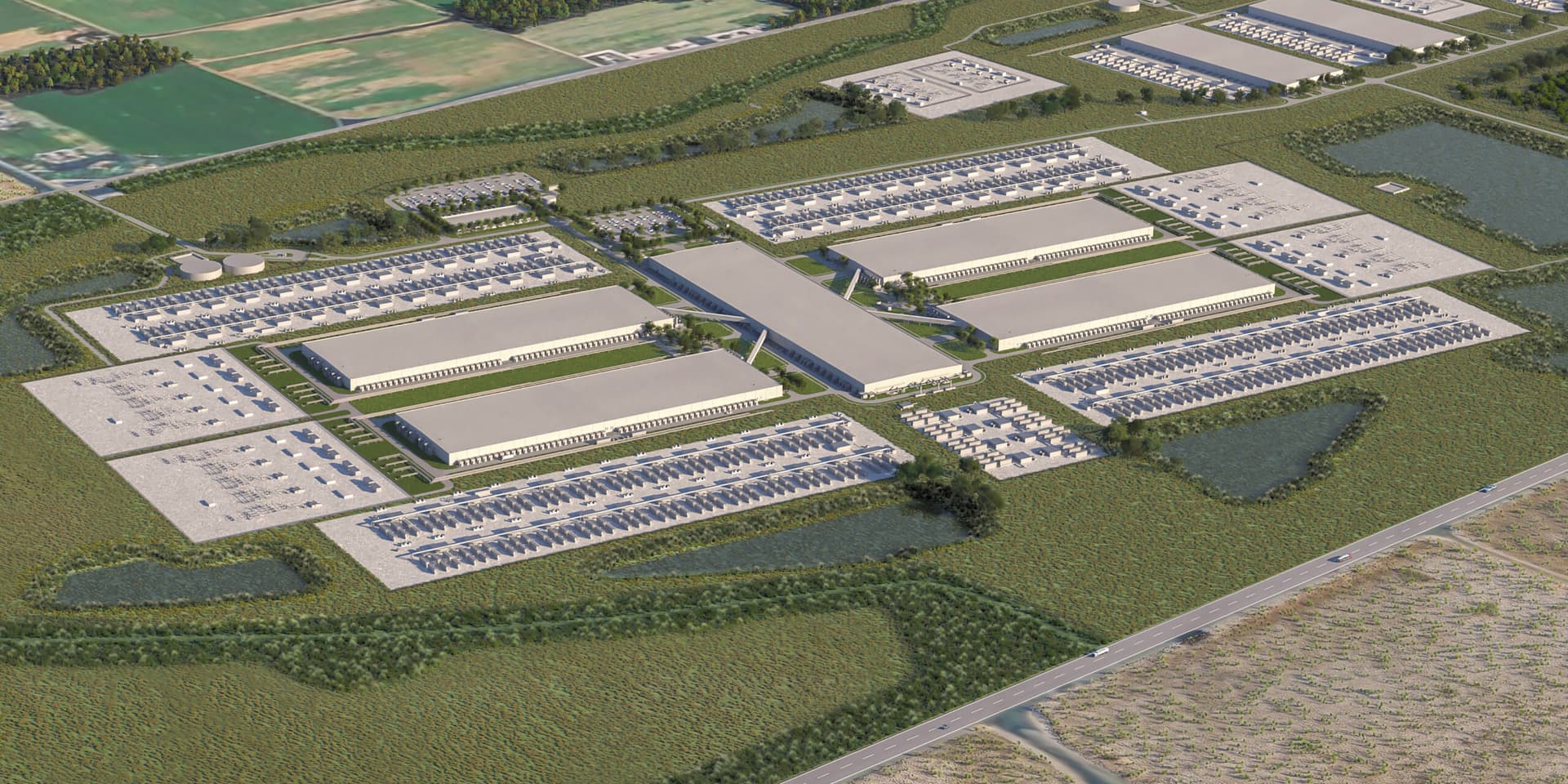 Aerial rendering of a massive data center campus under construction in a rural Louisiana landscape, with cranes and…