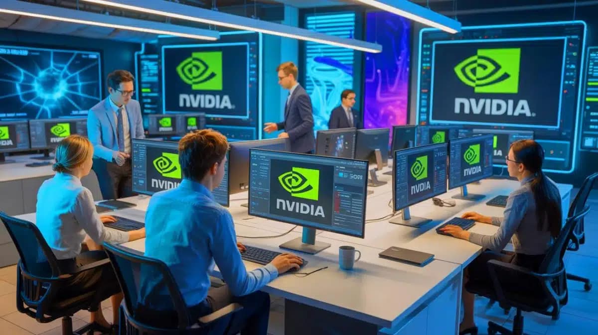 A modern data center with rows of servers, glowing green lights, and a large Nvidia logo on a wall, symbolizing AI…