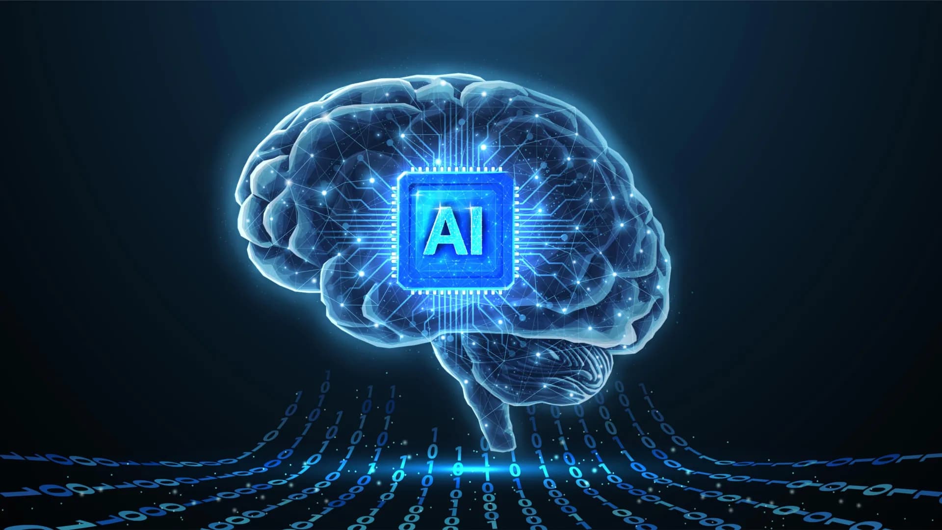 A glowing brain-shaped AI chip hovers above a circuit board, symbolizing advanced artificial intelligence learning…
