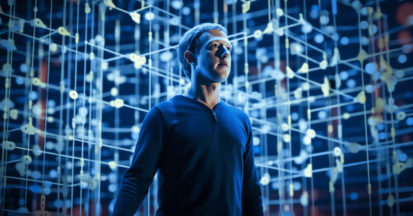 Mark Zuckerberg in a dark polo shirt stands before a large screen displaying AI data, likely announcing Meta's Muse…