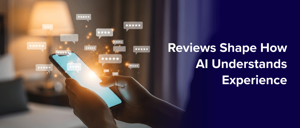 Digital illustration of a smartphone displaying a hotel search query next to a glowing AI brain icon, with small…