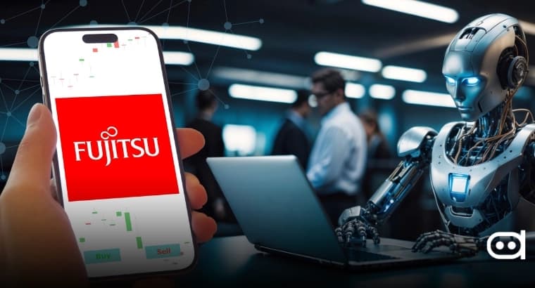 Fujitsu AI agent interface displaying data analytics, assisting a store manager in a modern AEON grocery store aisle