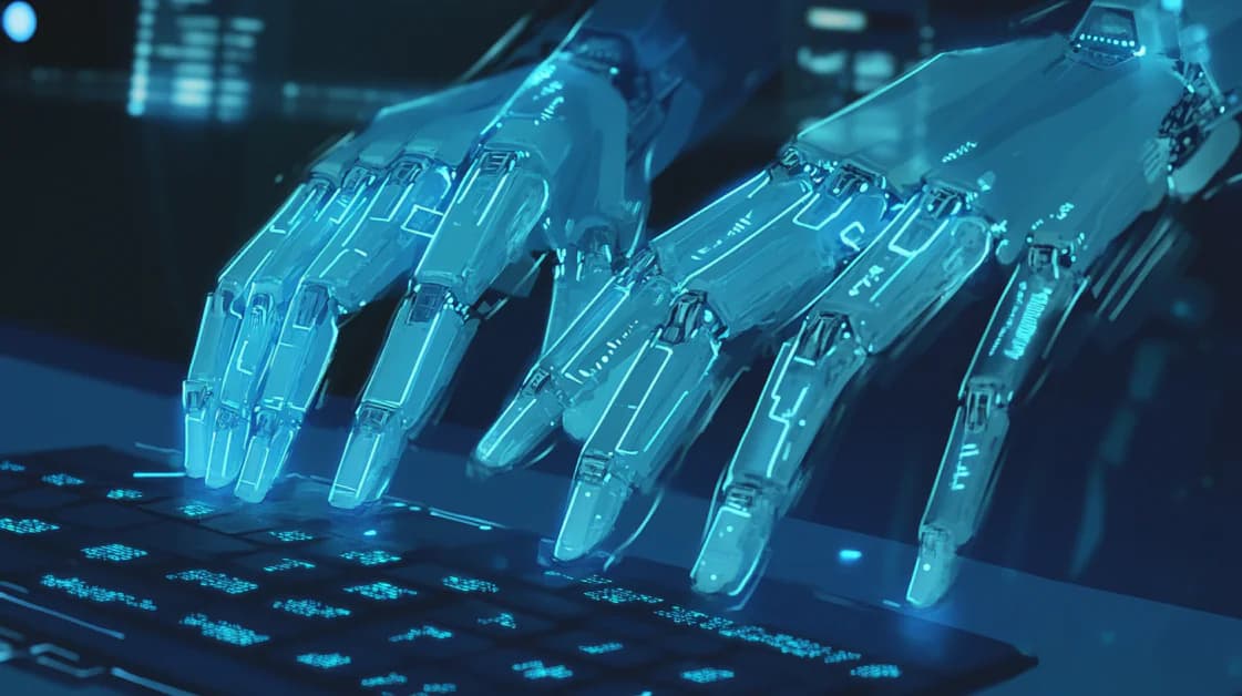 A laptop screen displays a glowing, translucent AI model structure with red warning indicators, symbolizing a…