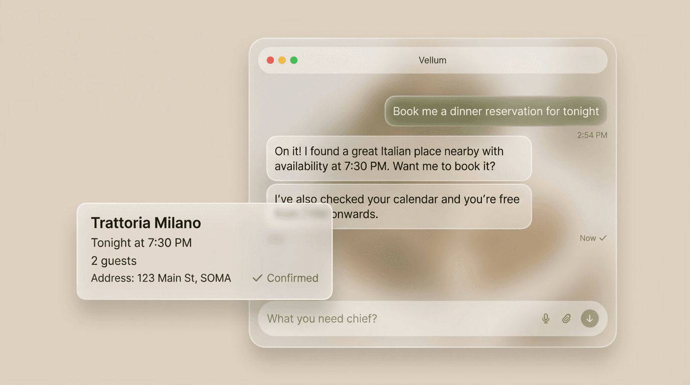 Vellum AI persistent desktop agent interface showing autonomous task execution with dedicated email and accounts…